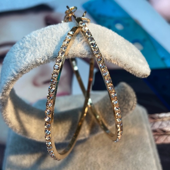 Gold Tone Crystal Hoop Earrings - Picture 2 of 4